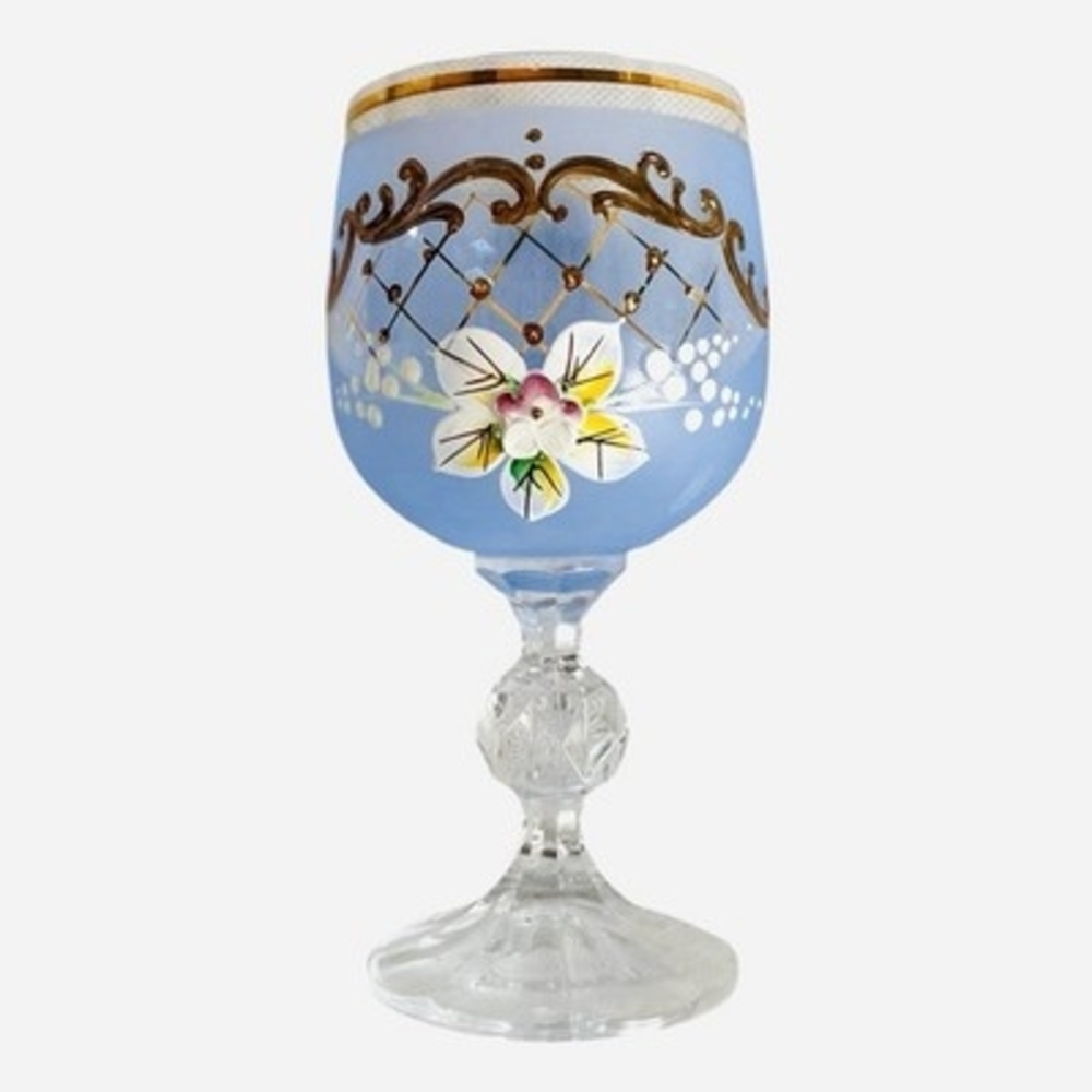 Vintage Bohemian Crystal Enameled Light Blue Wine Goblets Hand-Painted Floral VG - Picture 6 of 6